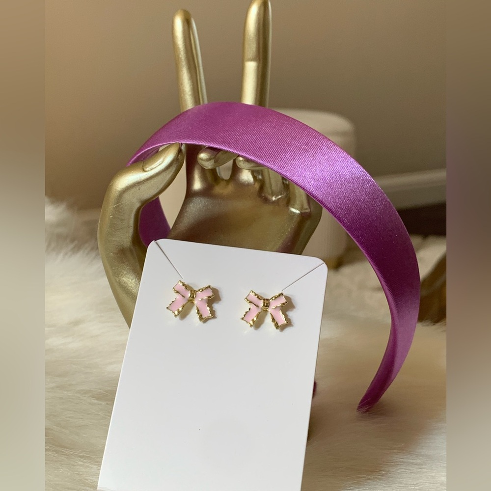 Purple Satin Headband and Pink Bow Earrings for Kids